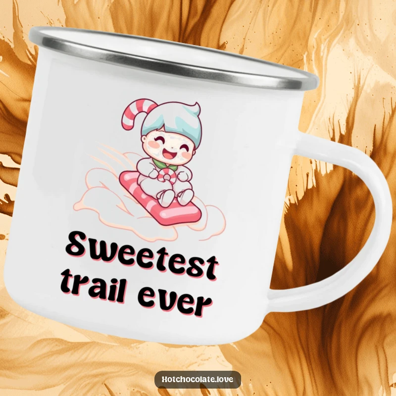 Funny candy cane person enjoying a thrilling ride down a whipped cream slope on a rugged camping mug.