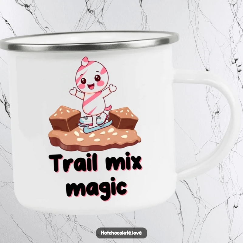 Funny candy cane character ice skating on chocolate, designed for a tough and humorous camping mug for outdoor fun.