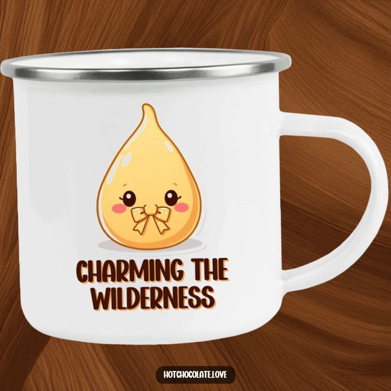 Funny Camping Mug with a charming caramel drop wearing a bow, built for durability and adding sweet charm to outdoor beverages.