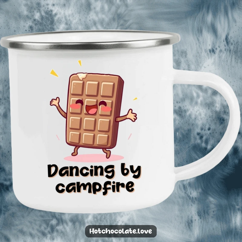 Funny Chocolate Bar Camping Mug with an enthusiastic chocolate bar dancing, designed for outdoor enjoyment and humor.