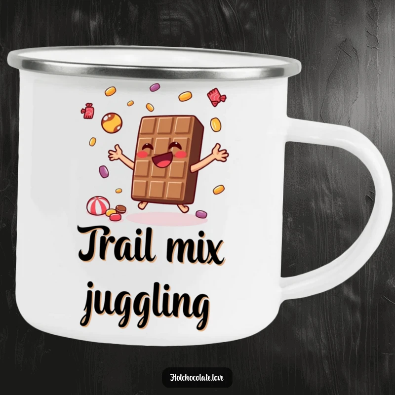 Funny Camping Mug with a joyful chocolate bar juggling tiny candies, perfect for humorous outdoor treat enjoyment.