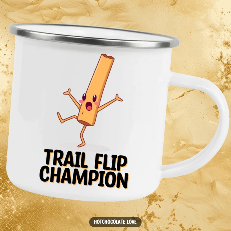 Funny cinnamon stick person performing a cartwheel on a sturdy camping mug, ready for action.