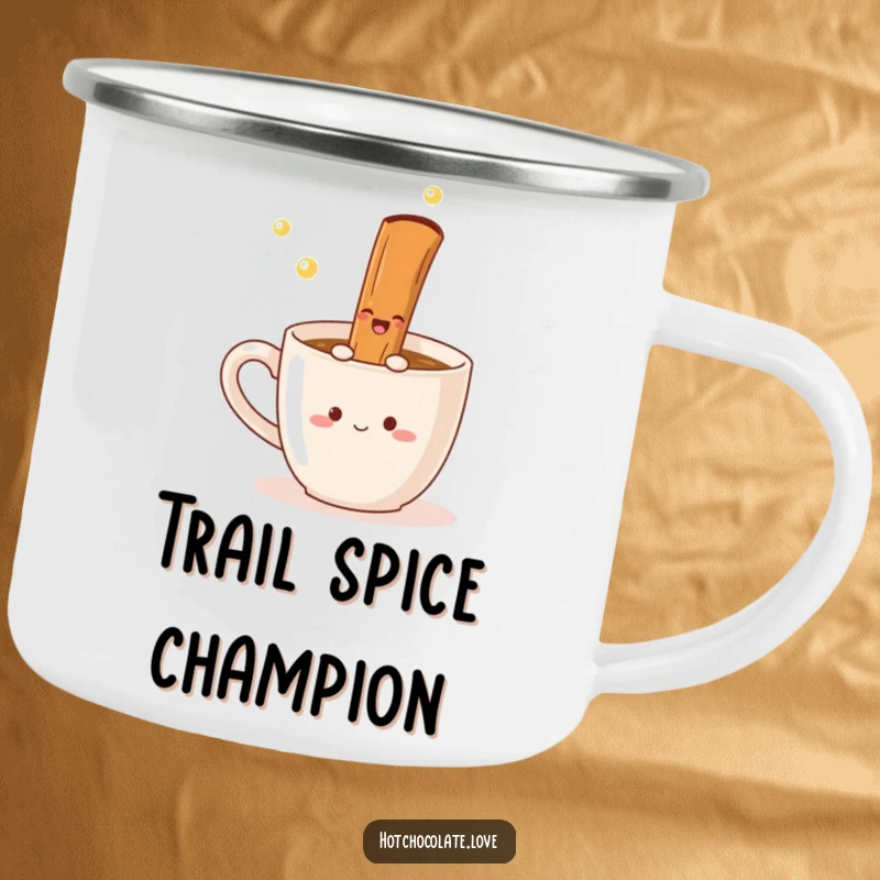 Funny Camping Mug showcasing a delighted cinnamon stick mid-twirl in a mug, perfect for warm drinks around the campfire.