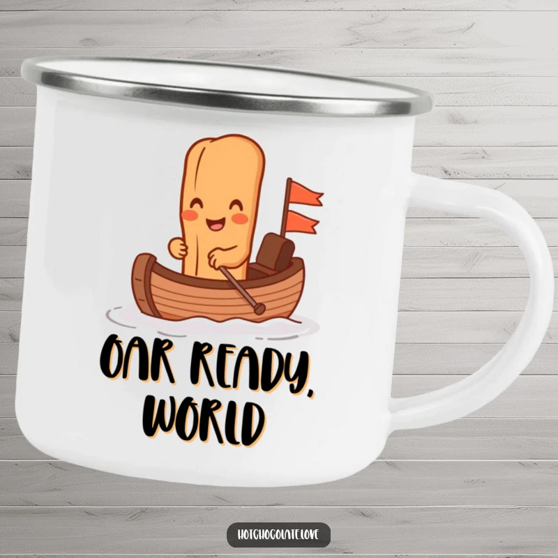 Funny cinnamon stick rowing a chocolate boat on a rugged camping mug, ready for outdoor adventures and coffee breaks.