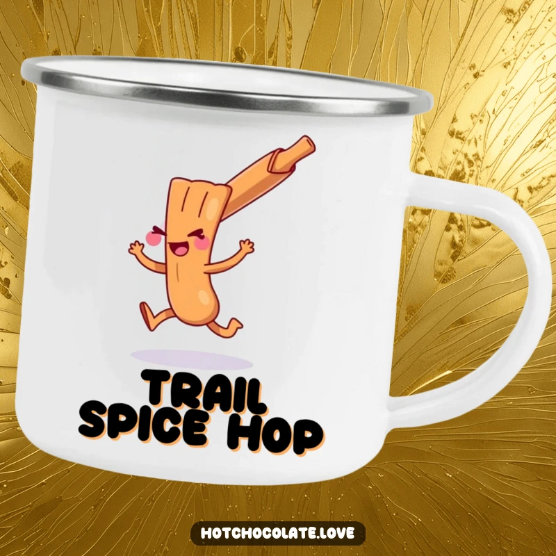A playful cinnamon stick doing a mischievous hop, depicted on a rugged camping mug, ready for outdoor enjoyment.