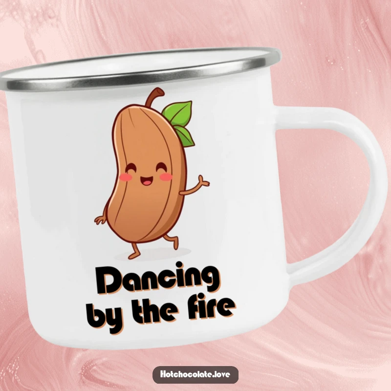 Funny camping mug featuring a delighted cocoa bean with a tiny smile, joyfully performing a little jig.
