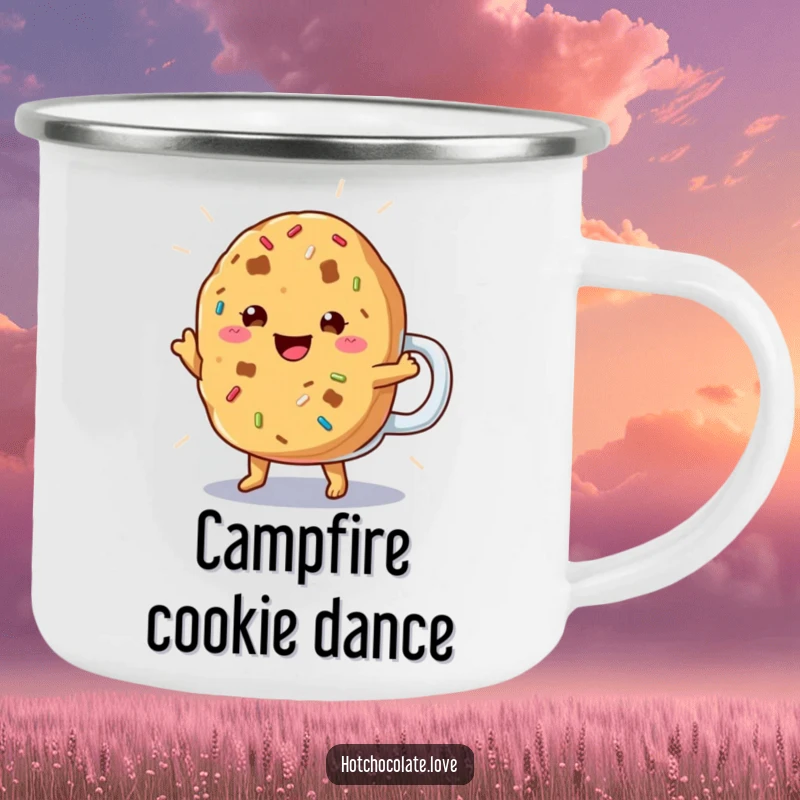 Funny Cookie Camping Mug featuring a cheerful cookie with sprinkles doing a happy jig, perfect for outdoor enjoyment.