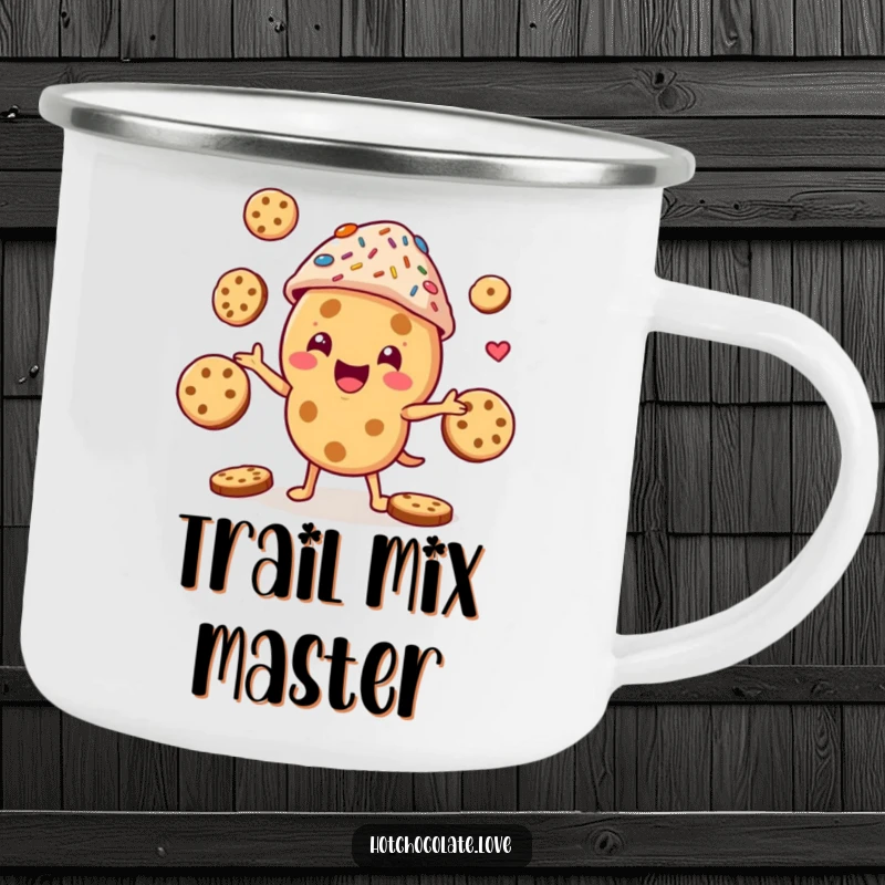 Funny cookie character in a sprinkle hat, juggling cookies, a sturdy enamel camping mug with a humorous design.