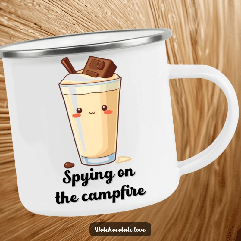 Funny curious chocolate chip camping mug, peeking from a rich drink, perfect for outdoor sips with playful intrigue.