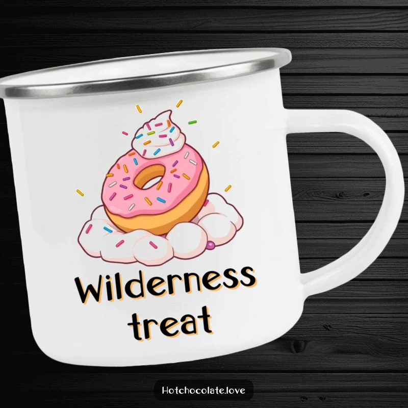 Funny camping mug featuring a playful donut with sprinkles frolicking in whipped cream.