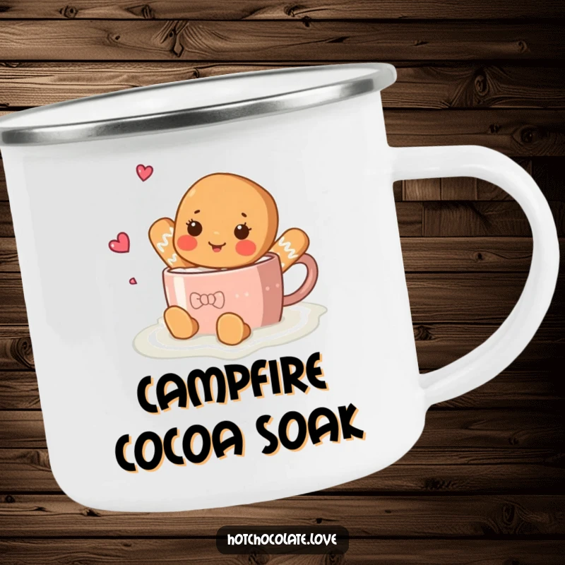 Funny gingerbread person enjoying a dip in a hot chocolate mug on a sturdy camping mug.