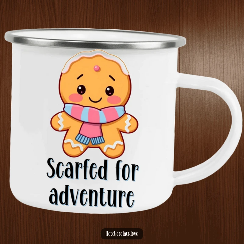 Funny Gingerbread Cookie Camping Mug with a delighted cookie wearing a scarf, designed for outdoor holiday fun.