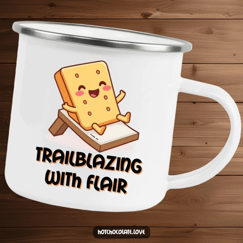 Funny Camping Mug with a jolly graham cracker sliding, built for durability and adding sweet fun to outdoor beverages.