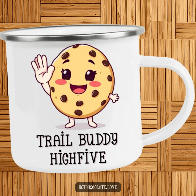 Funny anthropomorphic chocolate chip cookie giving an enthusiastic high-five on a rugged camping mug, ready for any adventure.