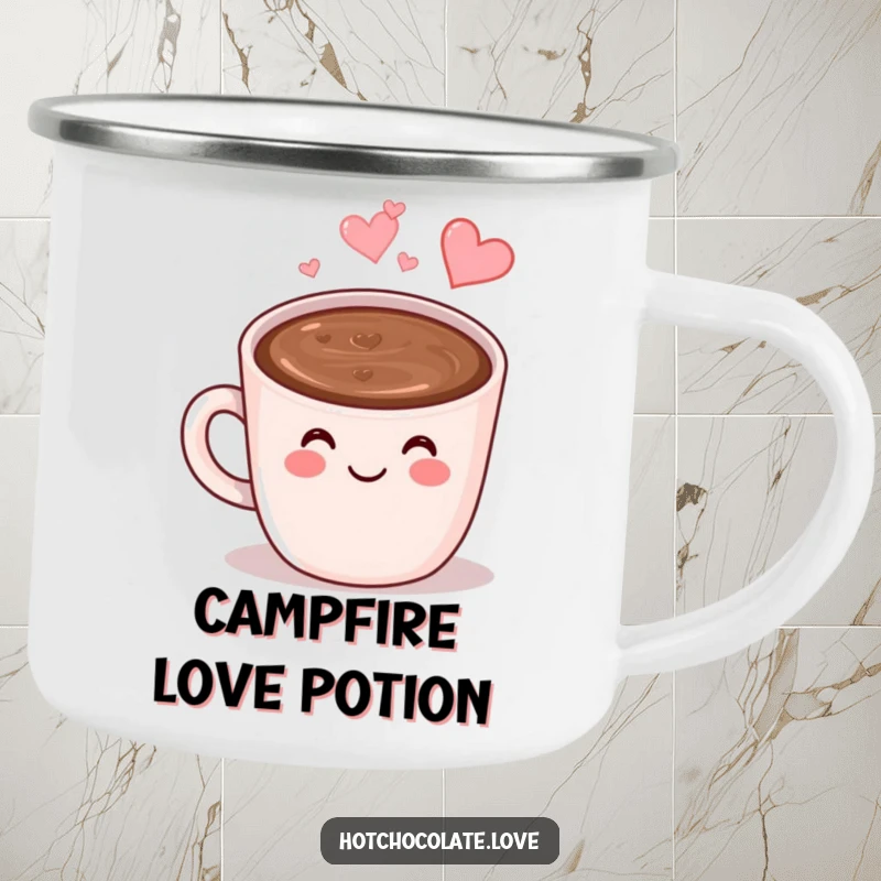 Funny Hot Chocolate Camping Mug: A smiling mug of hot chocolate with heart-shaped steam, perfect for cozy outdoor moments.