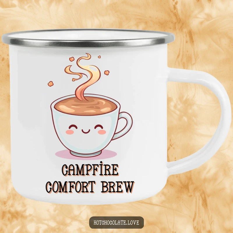 Funny Hot Chocolate Camping Mug: A smiling cup of hot chocolate with steam playfully swirling, ready for outdoor warmth and cozy moments.