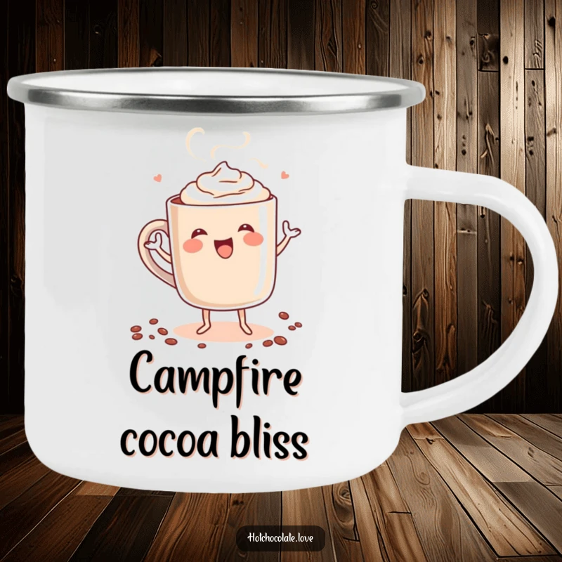 Funny camping mug with a steaming mug of hot chocolate personified, joyfully dancing, ideal for enjoying beverages outdoors with a warm chuckle.