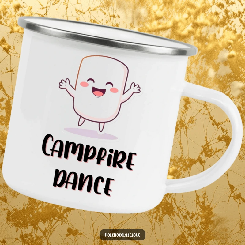Funny Camping Mug with a grinning marshmallow doing a silly dance, perfect for humorous outdoor treat enjoyment.