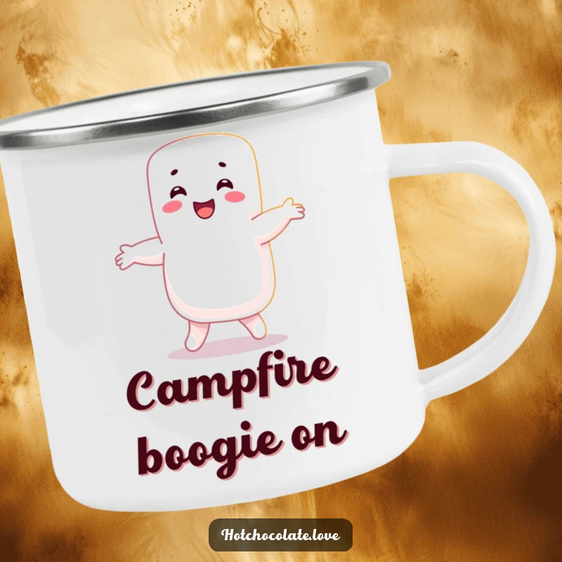 Funny Marshmallow Camping Mug: A happy marshmallow person is shown doing a joyful dance, ready for outdoor fun and sweet treats.
