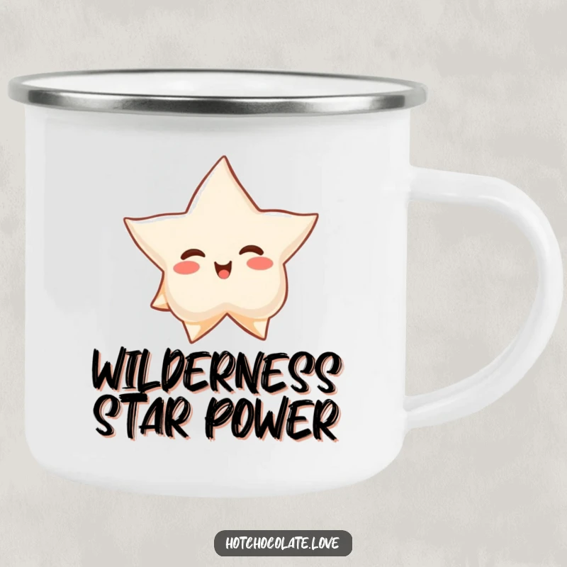 Funny camping mug featuring a proud star anise floating serenely, adding calm humor and spice to outdoor beverages.