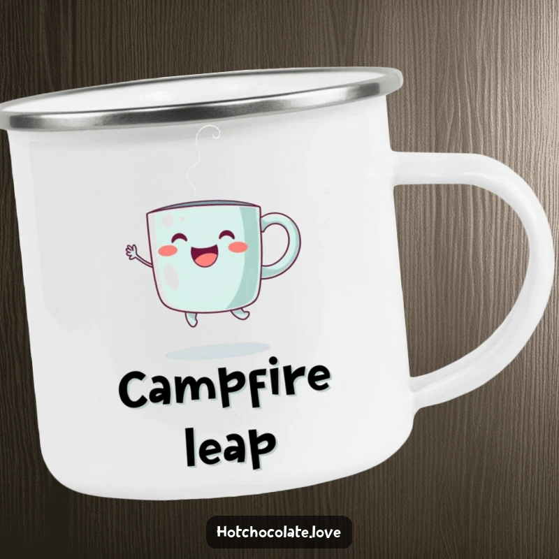 Funny Camping Mug with a happy steaming mug in a joyful jump, perfect for humorous outdoor beverage enjoyment.