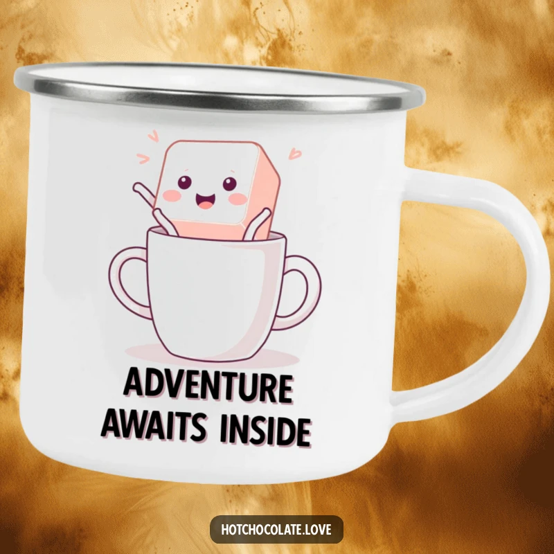 Funny Camping Mug with a playful sugar cube jumping, built for durability and adding a touch of sweet fun to outdoor beverages.