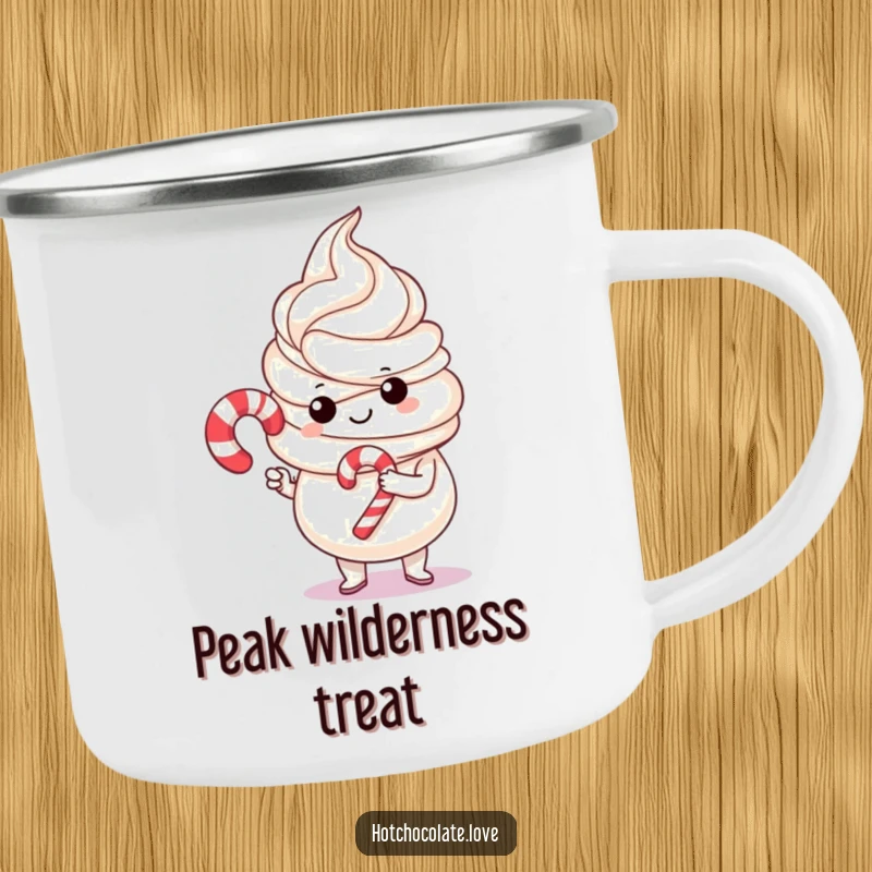 Funny whipped cream proudly holding a tiny candy cane, depicted on a rugged camping mug, ready for wilderness enjoyment.
