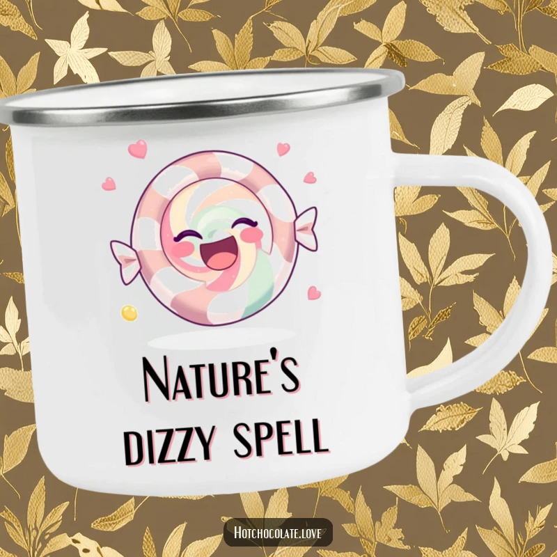 Funny Camping Mug with a joyful peppermint candy spinning, built for durability and adding festive cheer to outdoor beverages.