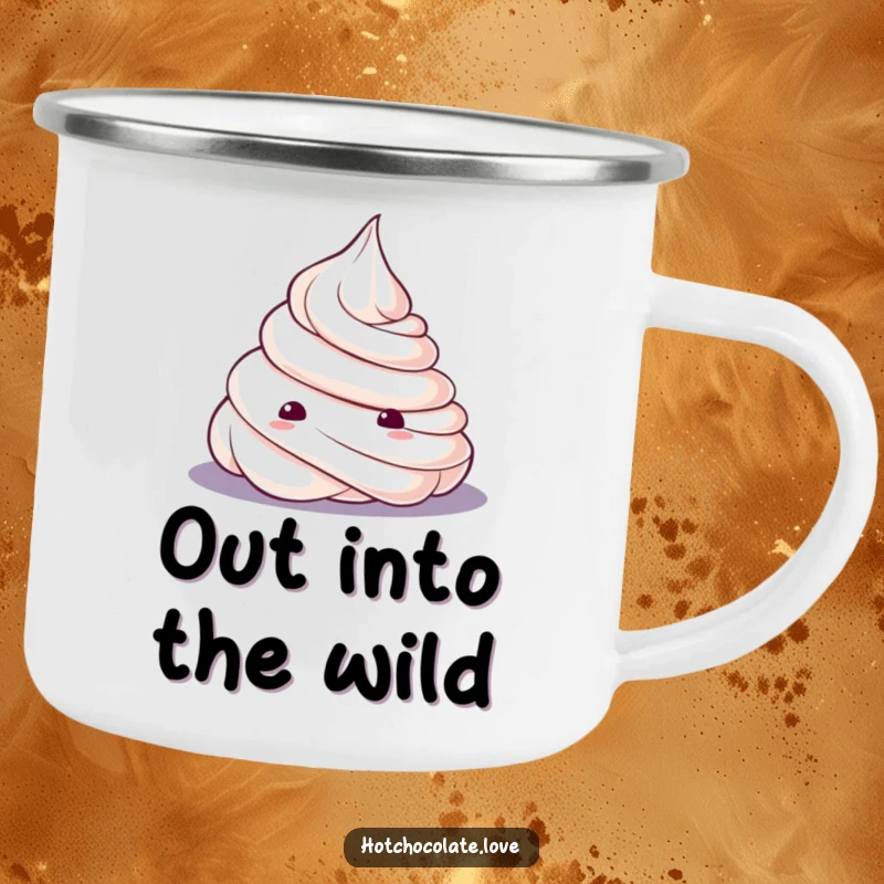 Funny Camping Mug with a curious whipped cream dollop design, built for adventure and adding a sweet touch to outdoor drinks.