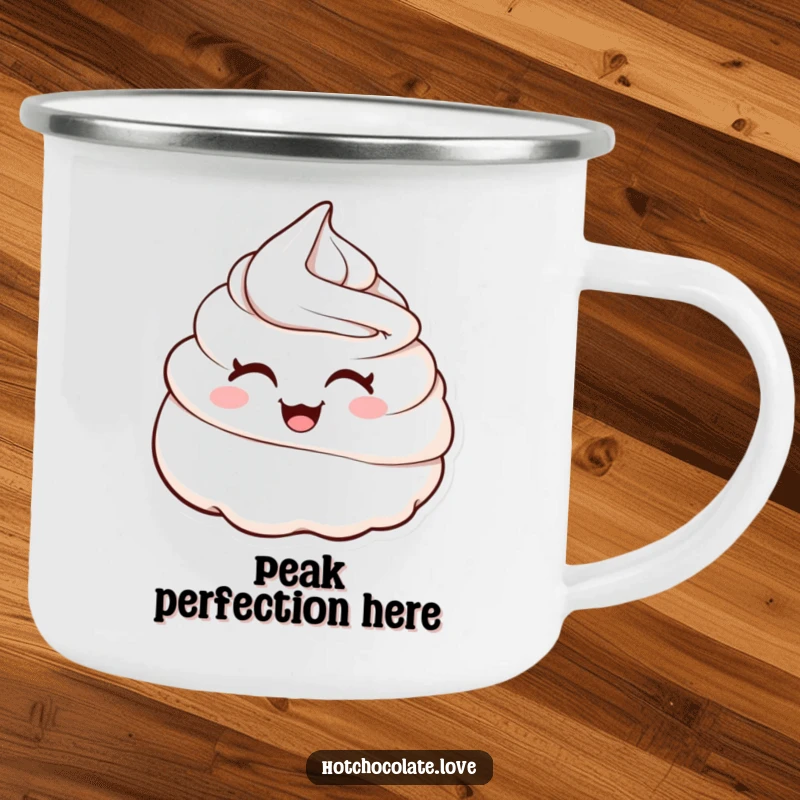 Funny camping mug featuring a cute winking whipped cream dollop, adding sweet humor and cheer to outdoor beverages.