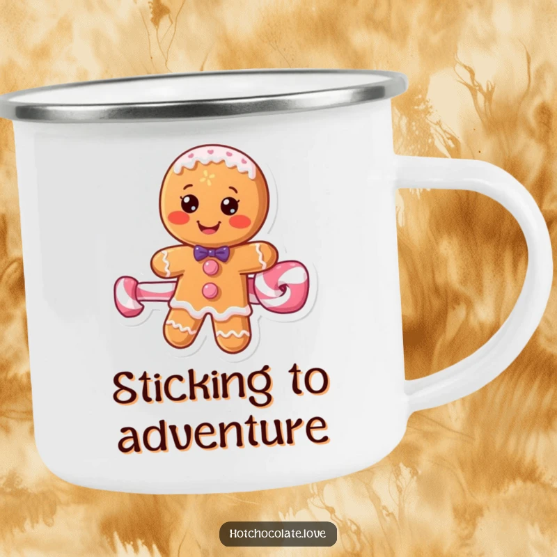 Funny gingerbread man adventurer on a peppermint stick, designed for a sturdy camping mug.