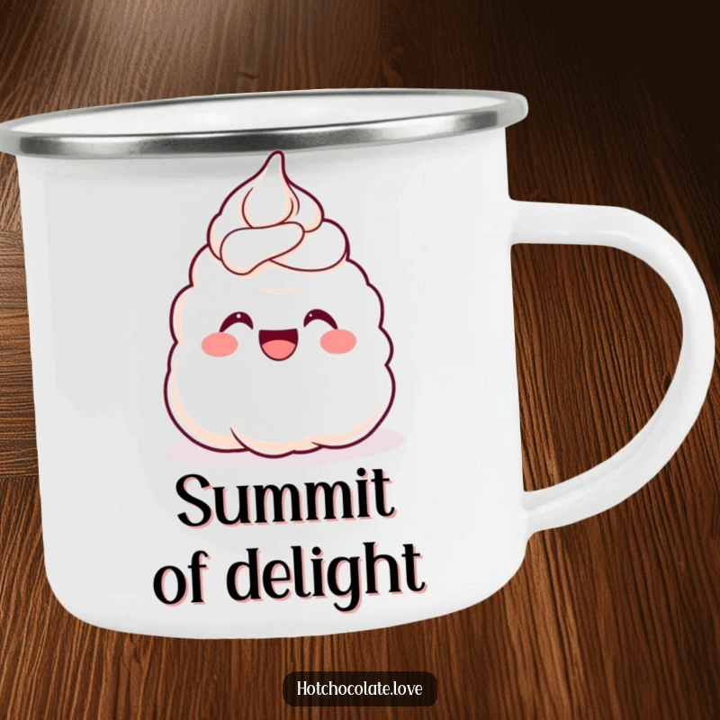 Funny Camping Mug showcasing a gleeful dollop of whipped cream cheering with joy, perfect for sweet drinks around the campfire.