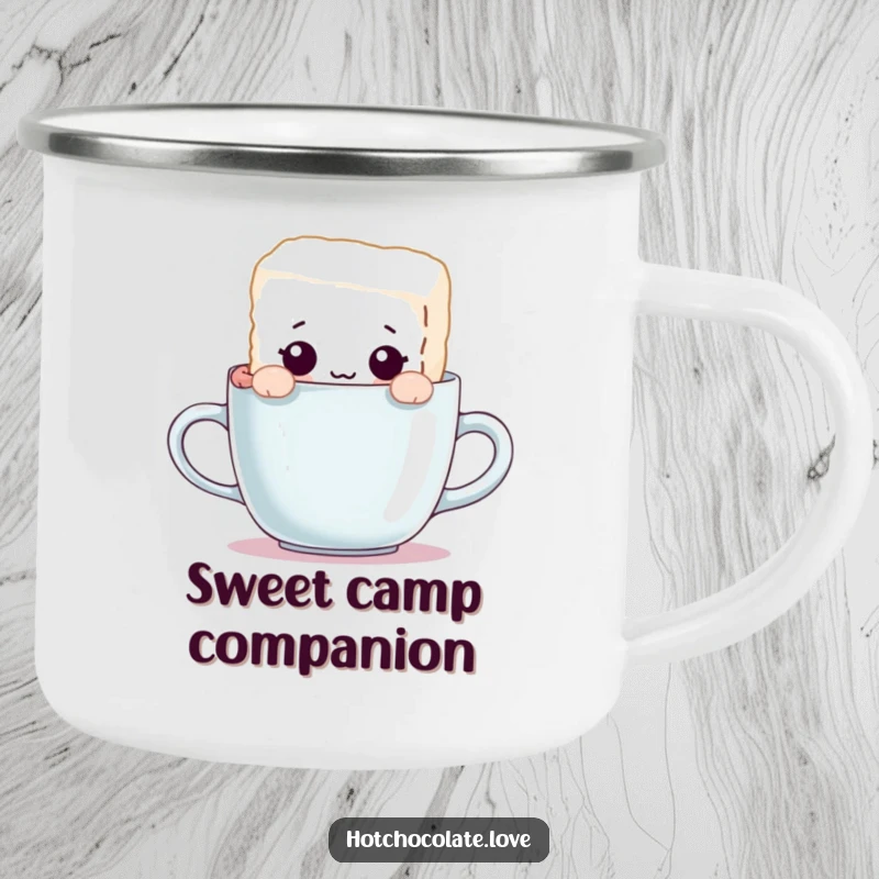 Funny camping mug with a curious sugar cube character peeking over the rim, durable and perfect for outdoor enthusiasts.