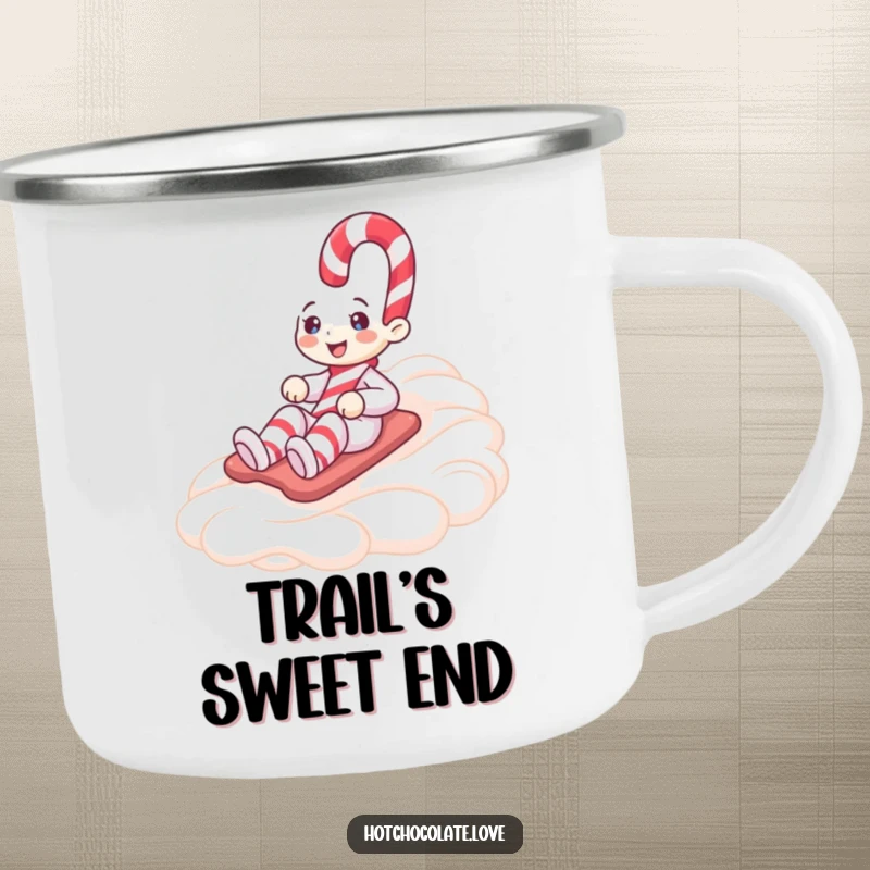 Funny camping mug showing a happy candy cane character sliding down whipped cream, ideal for humorous, festive outdoor drinks.