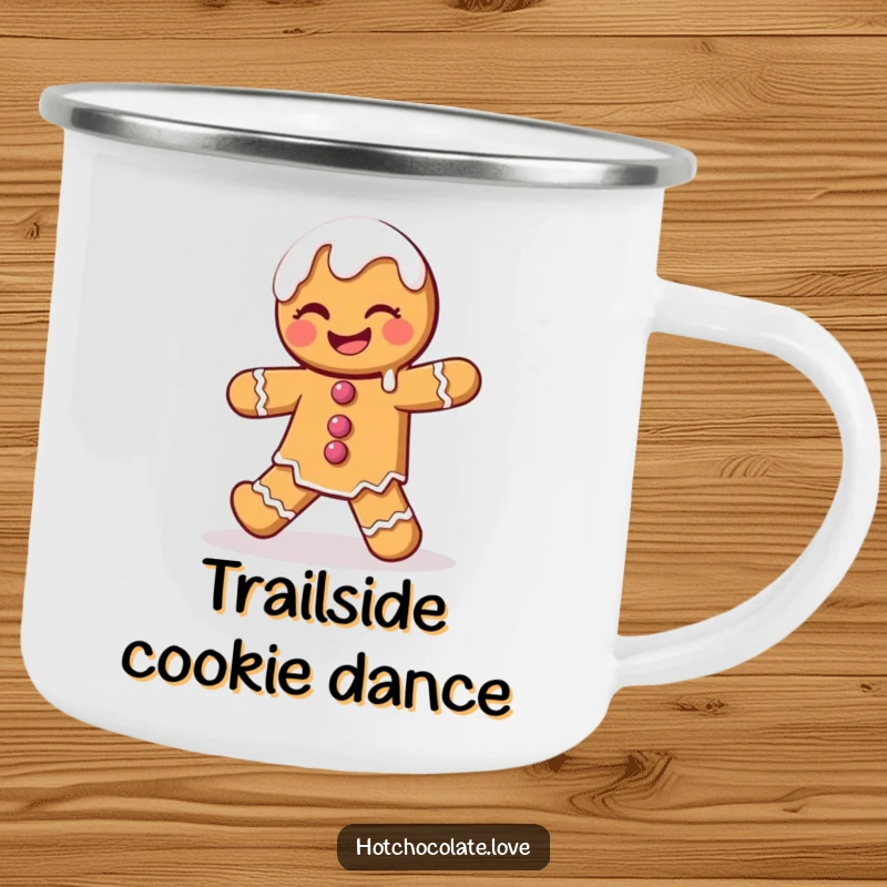 Funny Gingerbread Man Camping Mug featuring a winking character doing a playful dance with dripping icing, perfect for outdoor enjoyment.