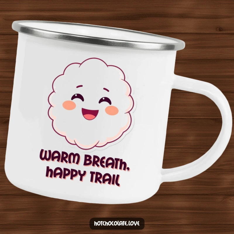 Funny smiling steam camping mug, with a happy face, perfect for outdoor sips with warm, cheerful enjoyment.