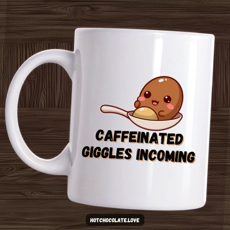 Funny giggling cocoa bean perched happily on a miniature spoon, perfect for a coffee mug.