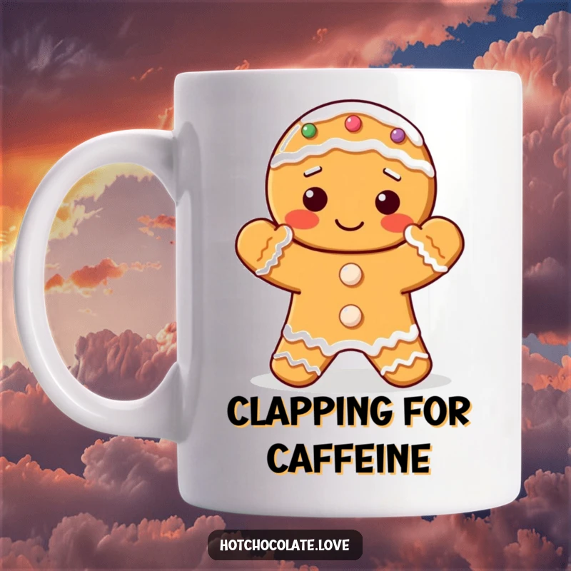 Funny mug featuring a delightful gingerbread cookie with frosted hands clapping enthusiastically.