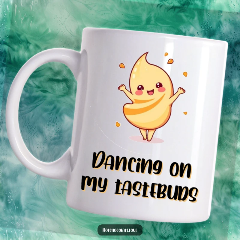 Funny playful caramel swirl doing a happy dance, symbolizing sweet joy and energetic fun, perfect for a delightful mug experience.