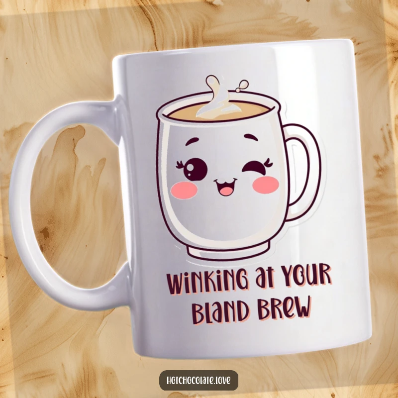 Funny mug: A bubbling coffee mug character winking happily. Perfect for cozy mornings and tea lovers.