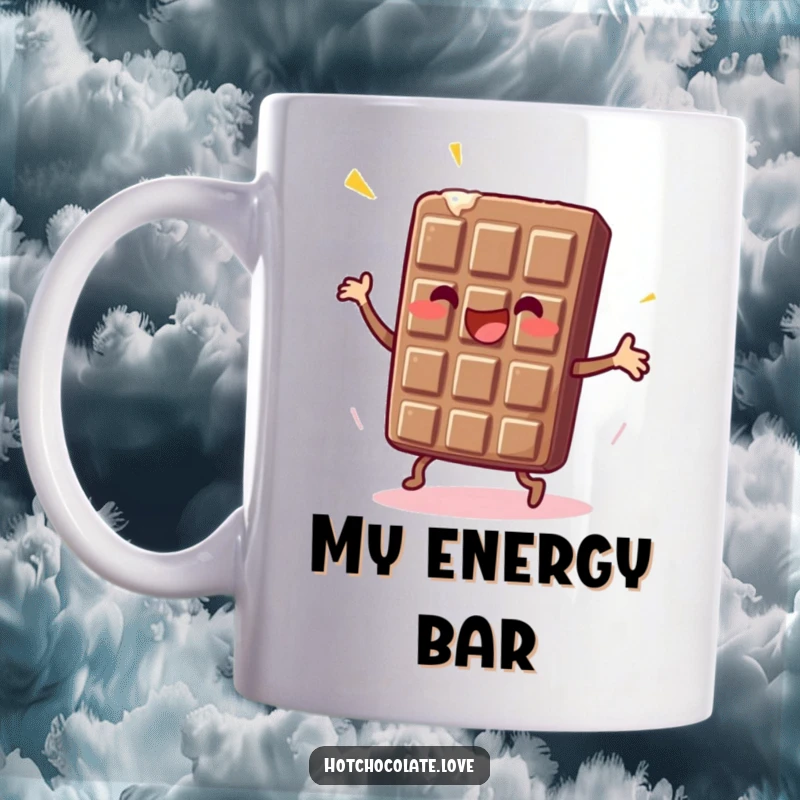 Funny Chocolate Bar Mug showing an enthusiastic chocolate bar doing a little dance, radiating pure joy and sweetness.
