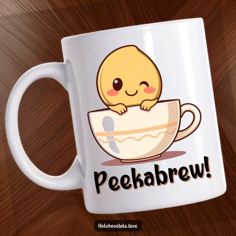 Funny coffee mug featuring a happy coffee bean character peeking over the rim, bringing a smile to your morning coffee.