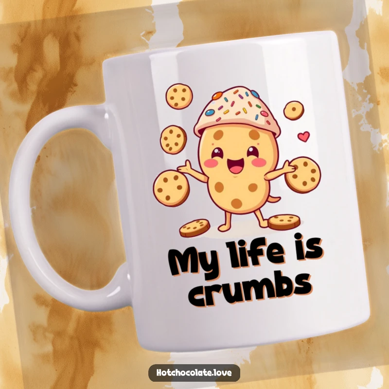 Funny cookie character wearing a sprinkle hat, cheerfully juggling multiple cookies, a delightful and humorous mug design.