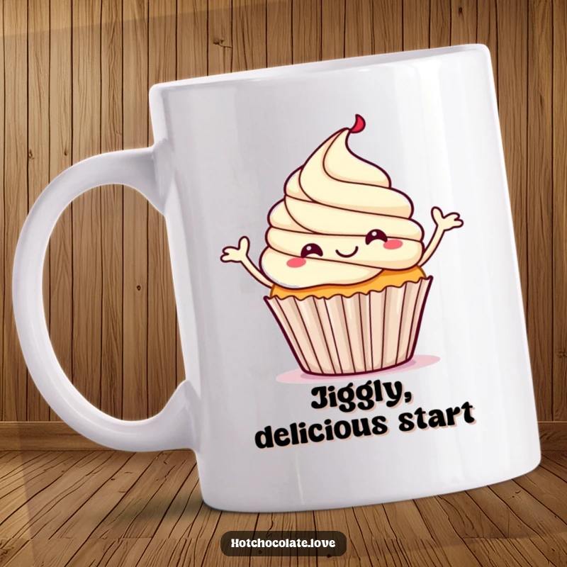 Funny mug featuring a happy cupcake with steam rising, enthusiastically doing a little jig.