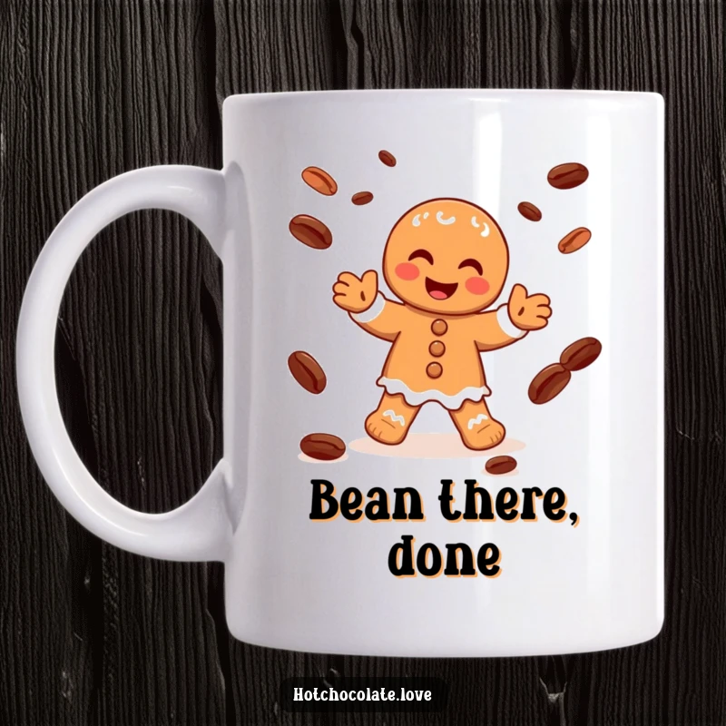 Funny mug showcasing a happy gingerbread man character gleefully juggling cocoa beans, embodying holiday cheer and fun.