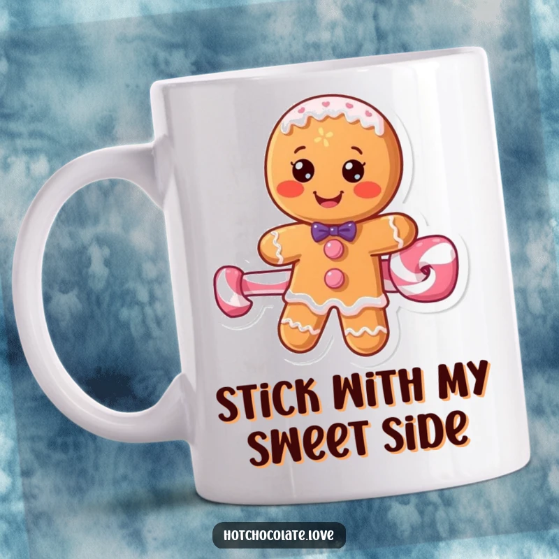 Funny gingerbread man joyfully riding a giant peppermint stick, a whimsical and festive image on a coffee mug.