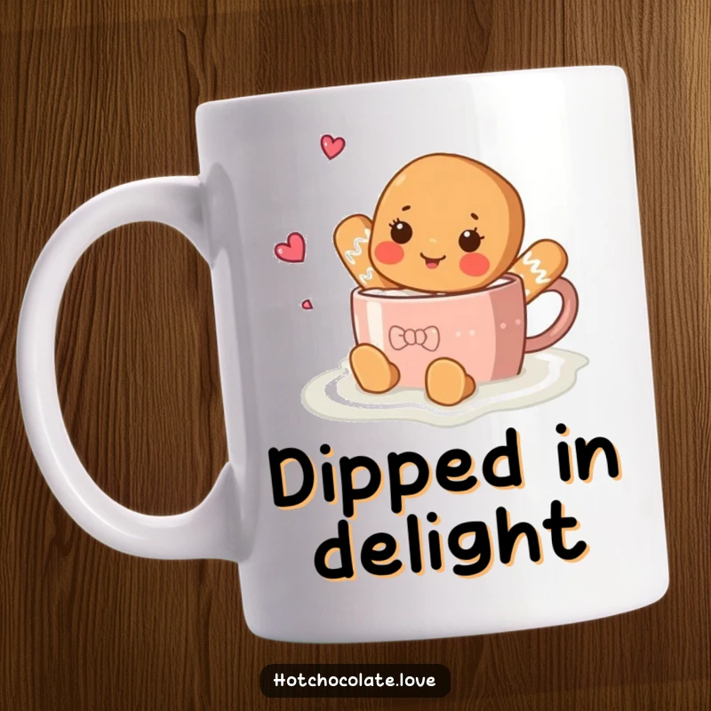Funny gingerbread person smiling while swimming in a mug full of rich hot chocolate on a mug.