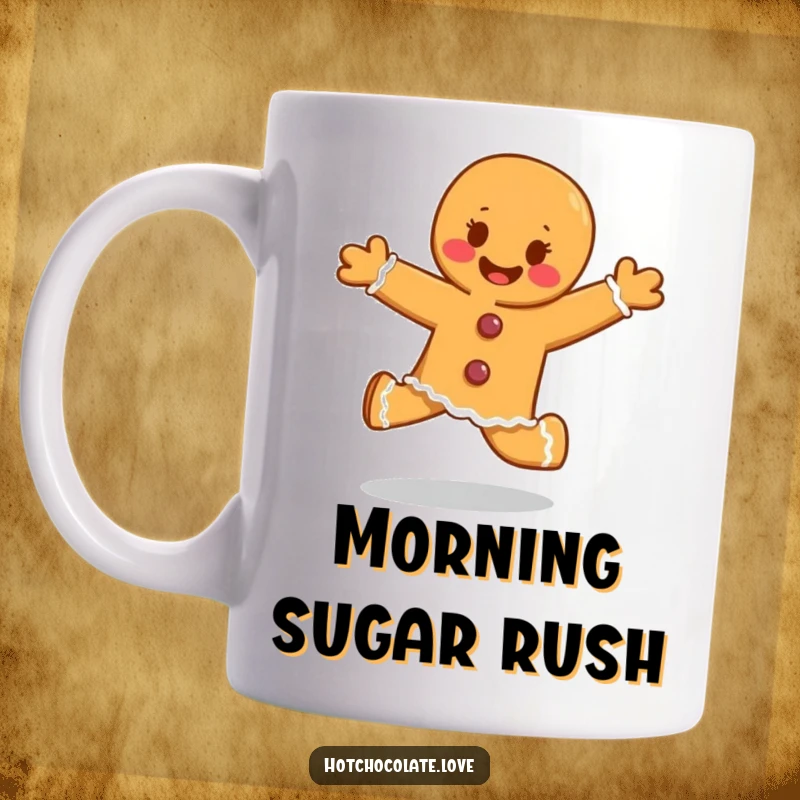 Funny delighted gingerbread person skipping with pure glee, a cheerful and humorous mug illustration.