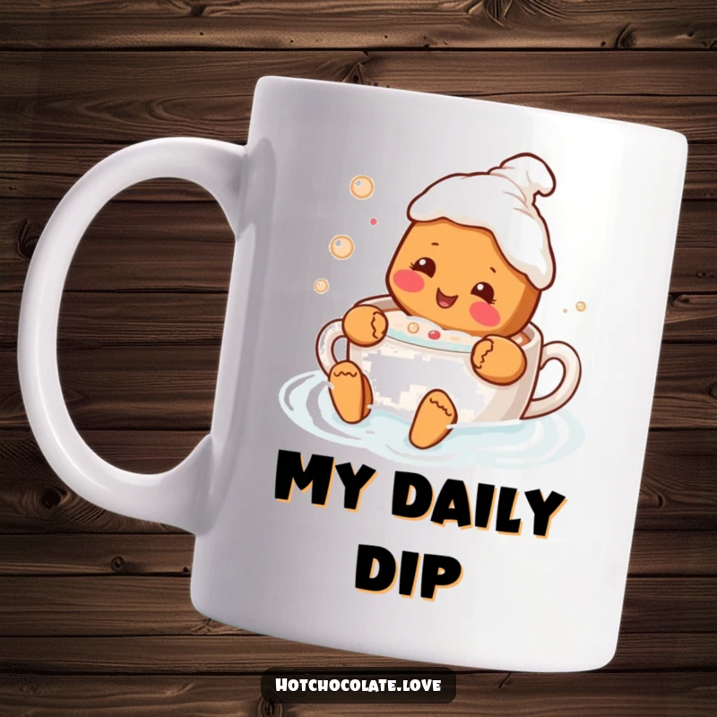 Funny mug featuring a delighted gingerbread person happily swimming in a steaming mug of hot chocolate, embodying cozy joy.
