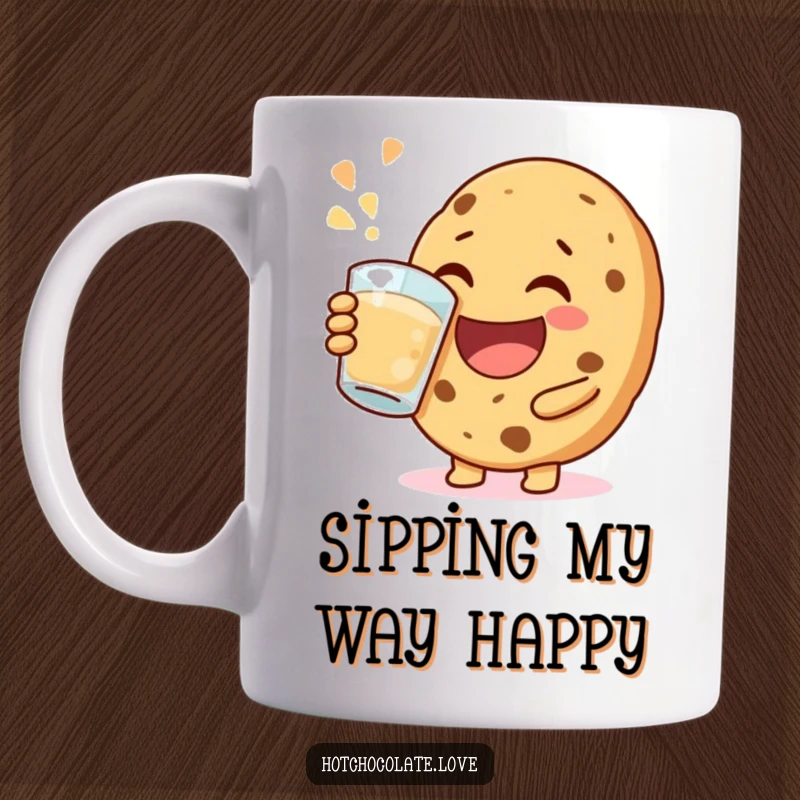 Funny happy cookie mug, joyfully taking a big sip, conveying pure delight and cheerful enjoyment with a warm, inviting design.